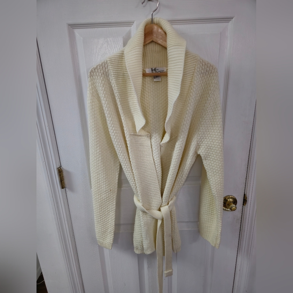 Kikit Maurice Sasson Belted Shawl Long Cardigan Ivory Size Large
